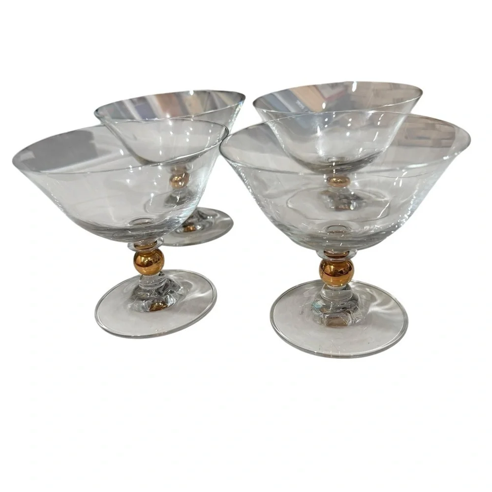 Vintage Lot of 4 MCM Glass Champagne Coupes with Gold Ball on Stem 5 inches wide